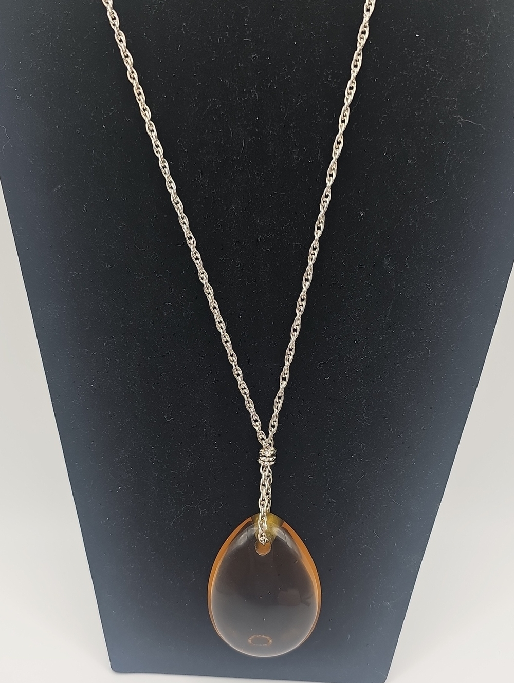 Amber Teardrop Pendant Necklace - Brown Glass on Silver Chain By Chicos